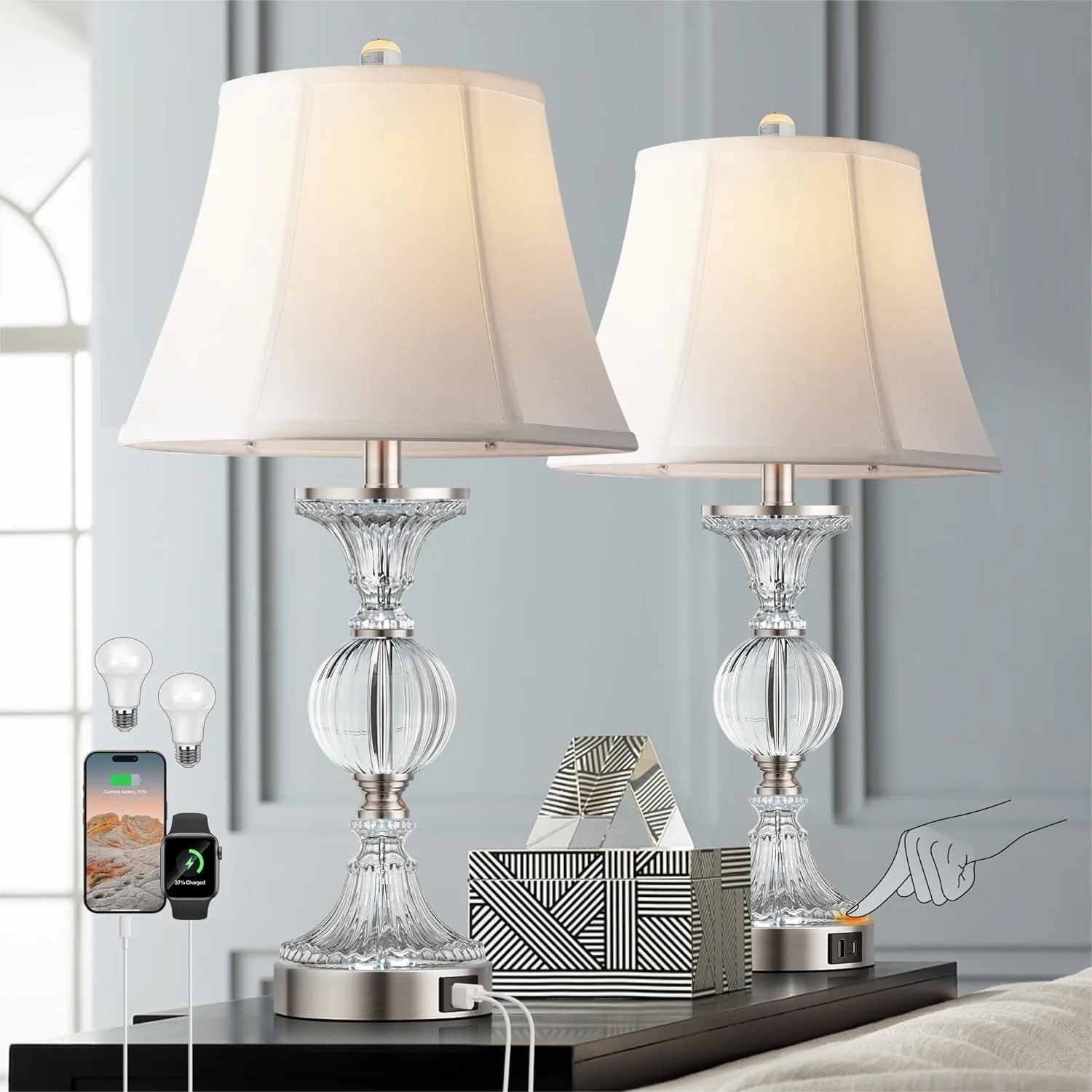Glass Table Lamps Set of 2 with USB A+C Ports, 3-Way Dimmable Touch Lamps for Living Room Bedroom, Silver