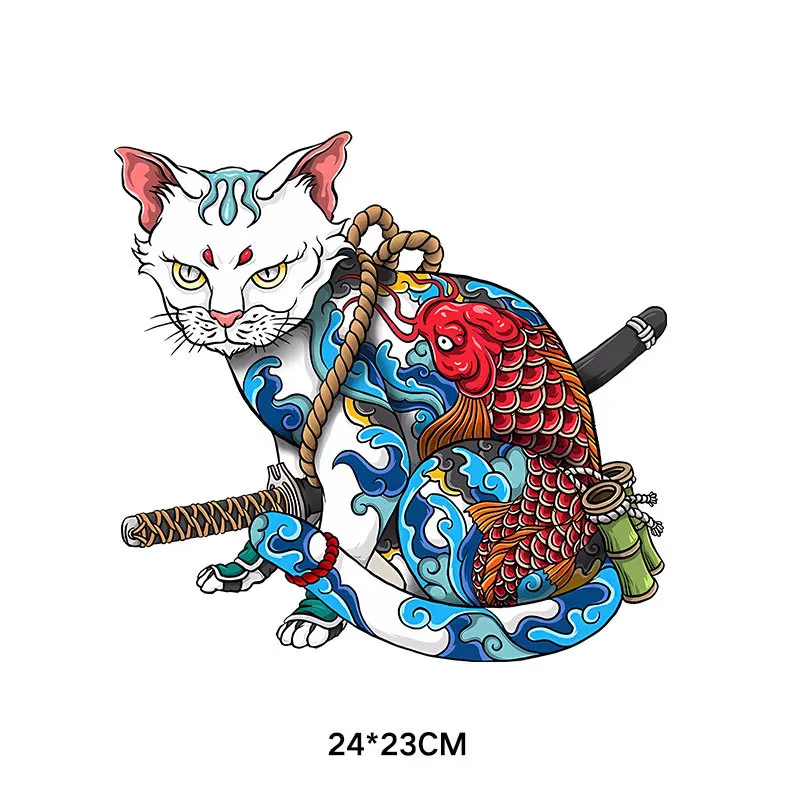 6 types of Japanese style samurai cat hot stamping DIY pattern hoodies heat transfer printing stickers clothing decoration