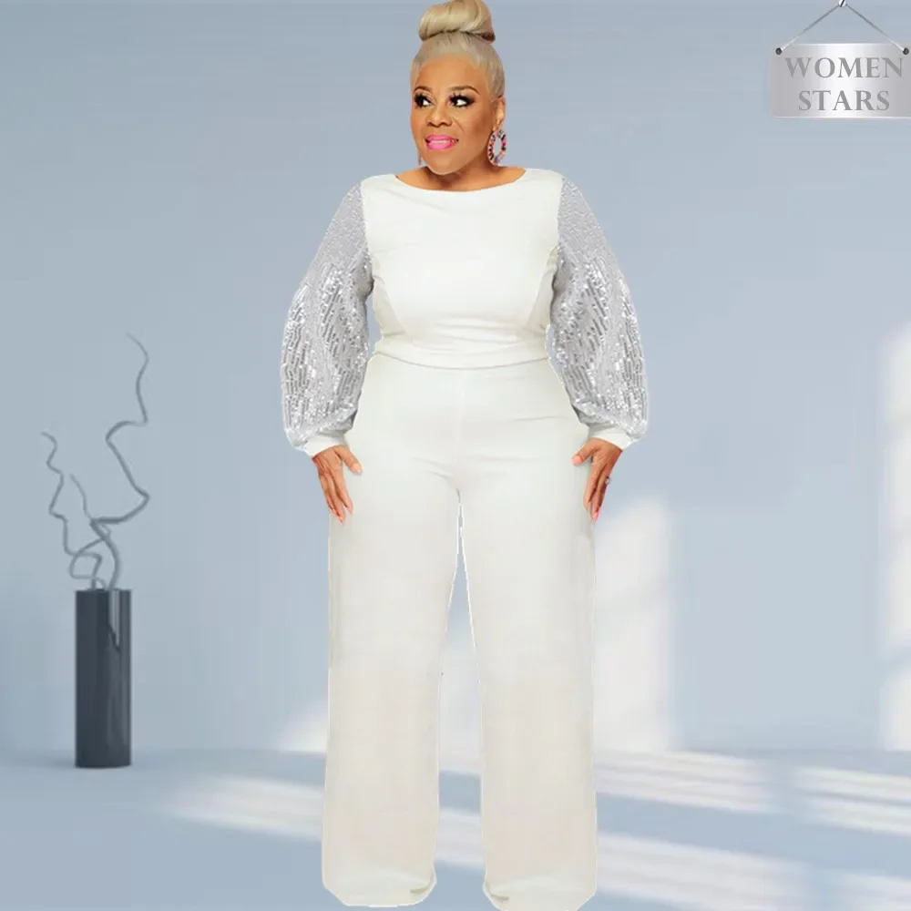 New Plus Size Jumpsuit Women Elegant Sequins Full Sleeve One Piece Outfit Solid Office Lady Romper Fall Wholesale Drop Shopping