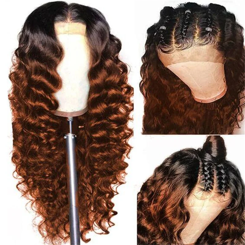 Long Ombre Brown Blonde Preplucked Soft Glueless 24Inch Kinky Curly 180Density Lace Front Wig For Black Women Baby Hair Daily