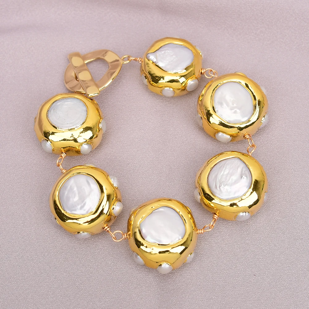 

Big Cultured White Keshi Coin Pearl Bracelet Handmade Lady Party Gifts