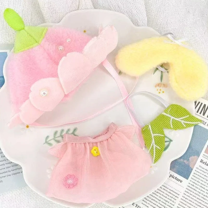 Suitable for 10cm Cute Cherry Blossom and Green Leaf Shaped Pink Dresses and Neckties for Cotton Dolls Cute Doll Dressing Set