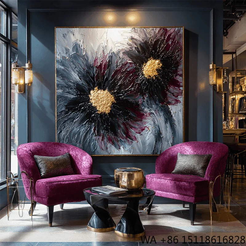 3D Heavy Textured Floral Oil Painting Black and Gold Flower Abstract Canvas Art Oil Painting
