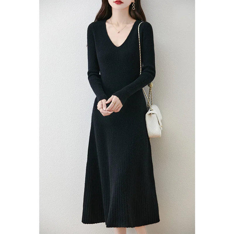 2024 Autunmn And Winter 100% Wool Knitted V-neck Dresses Hot Sale Sweaters Women  Soft High Quality Ladies Jumpers Clothes