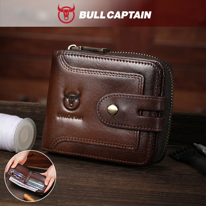 Leather men's multi-functional short buckle zipper wallet, retro driver's license business card holder wallet