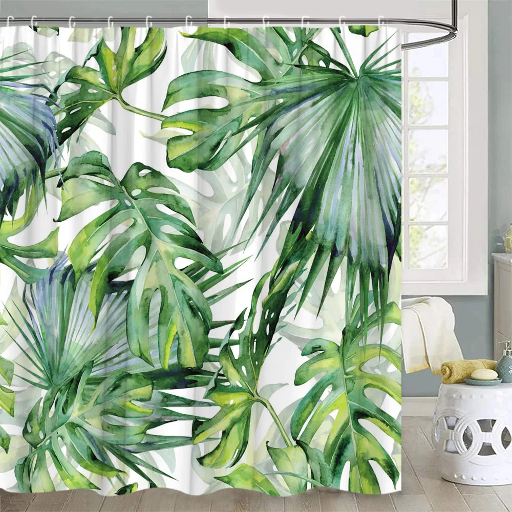 Tropical Plant Greenery Palm Leaf Flower Watercolor Farm Modern Minimalist Printed Polyester Fabric Bathroom Decorative Curtains