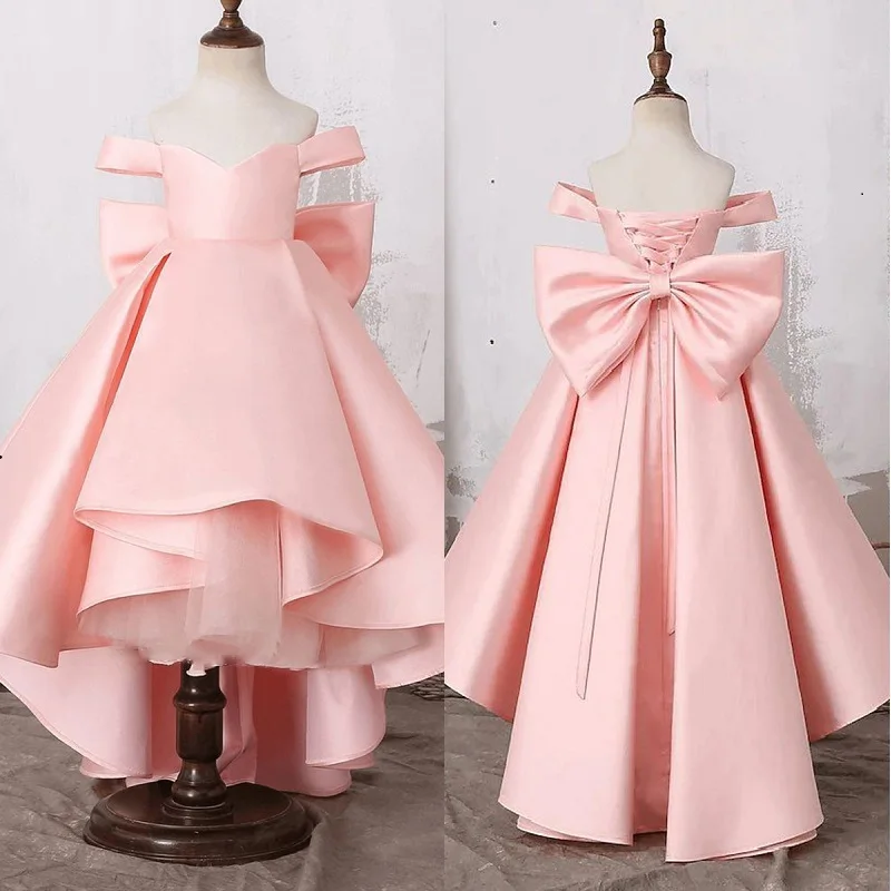 

Satin Flower Girl Dress for Wedding Off the Shoulder Princess Kids Bow Ball Gown Train Birthday Party Low/high Dress