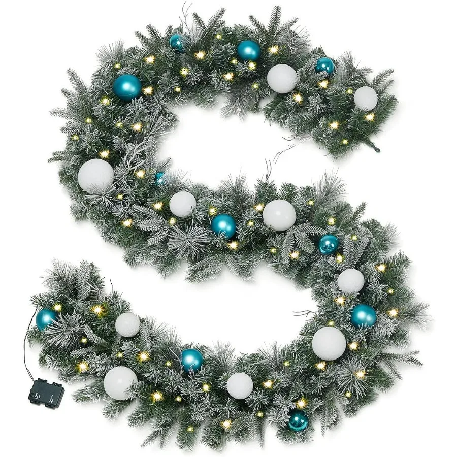

9 FT Prelit Christmas Garlands with Timer and LED Lights for Winter Home Decor SnowFlocked Garland with Ornamental Balls Batter