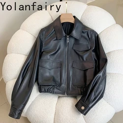 European Style Genuine Sheepskin Leather Jackets for Women 2024 Fashion Lapel Zipper Short Real Leather Jacket Motorcycle Coat