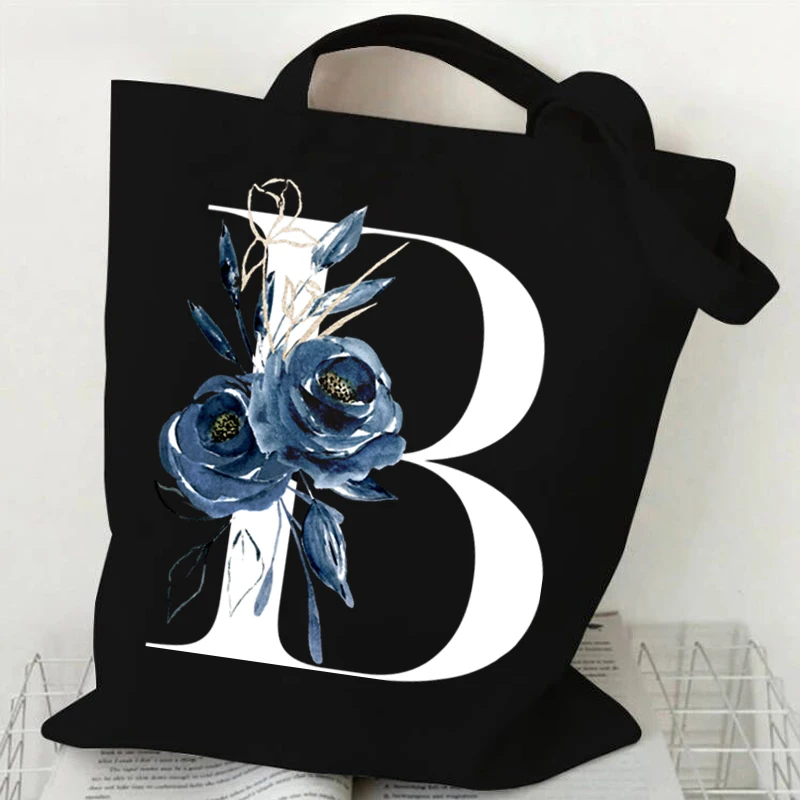 Sac à main de shopping pour femmes A-Z 26 Alphabet Floral Designer Sacs pour femmes 26 Initiales Fleurs Essentiel Toile Shopping Sacs fourre-tout