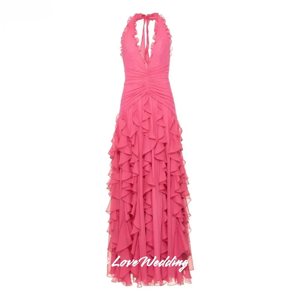 

Pink Halter Prom Dresses Chiffon Ruffle Backless A-Line Multi-Layered Side Split Floor-Length Pleated Party Dresses Customized