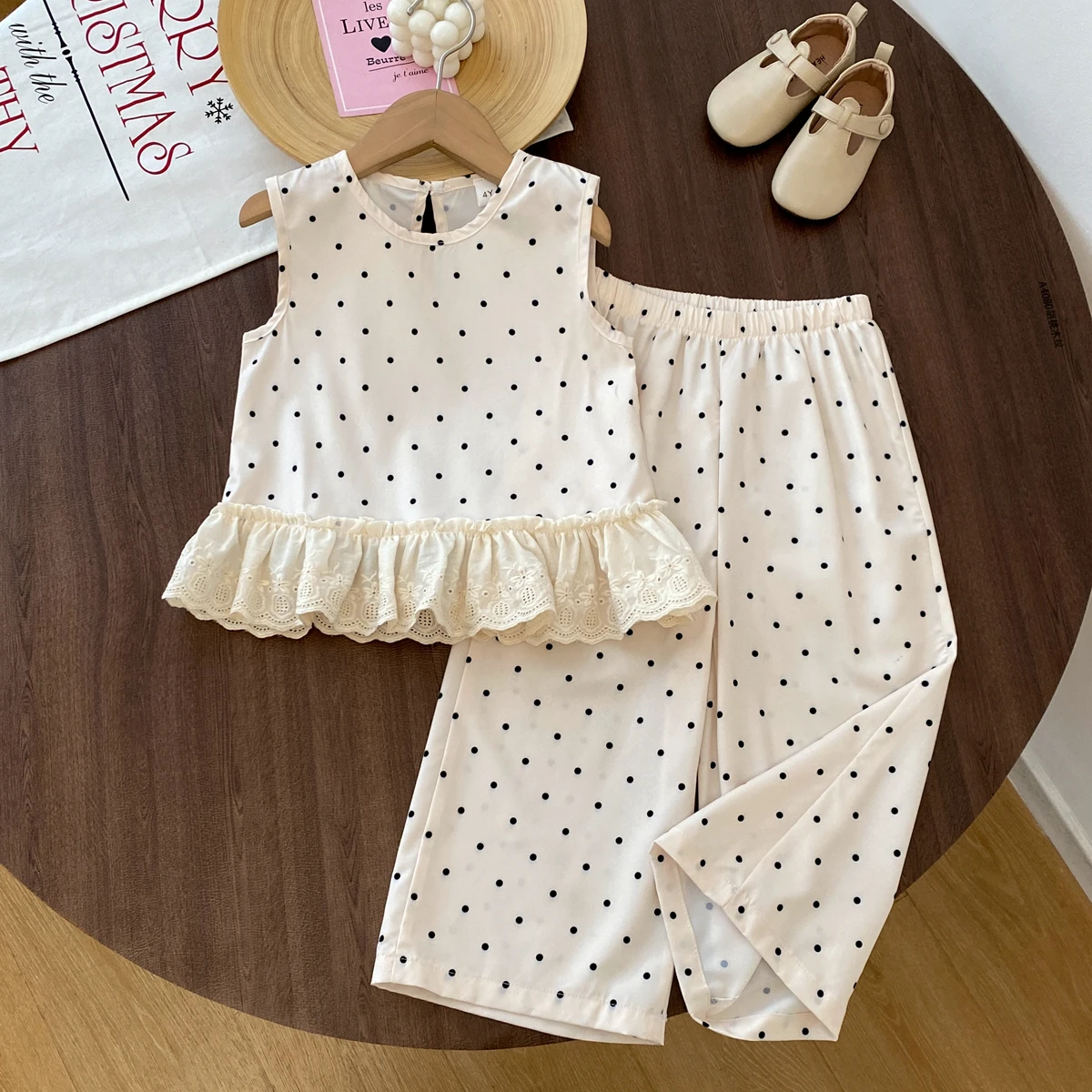 Sommer-Kinderanzug Neue Mode Ärmellose Polo-Spitzenweste Weite Hose 2-teiliges Set Koreanische Kinderkleidung – Detail 2