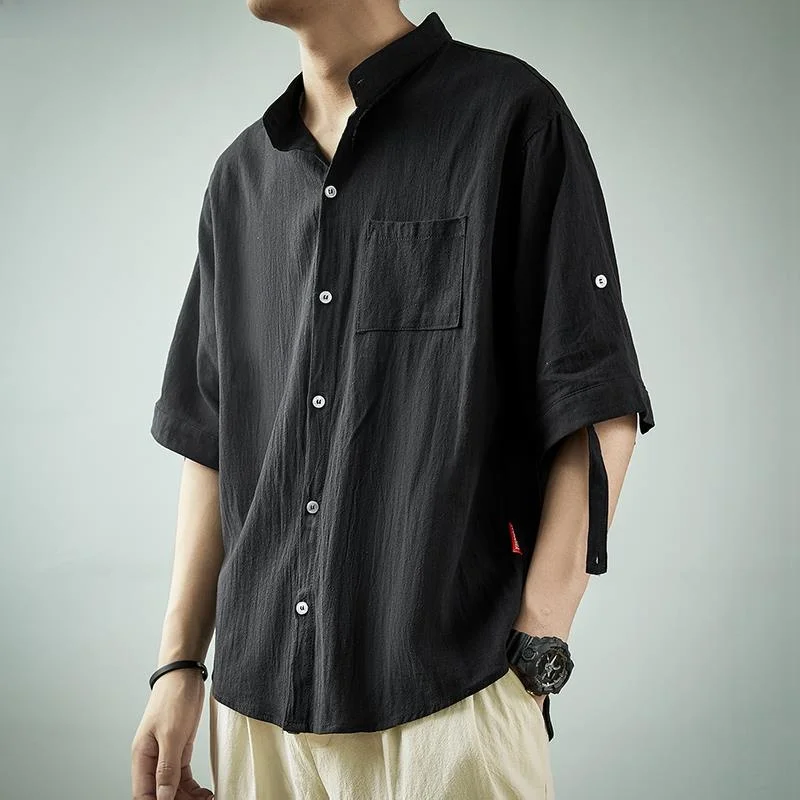 

Свободная повседневная рубашка из льна и хлопка для мужчин, модная верхняя одежда, черная рубашка с коротким рукавом, дышащая летняя одежда для мужчин среднего возраста и старше