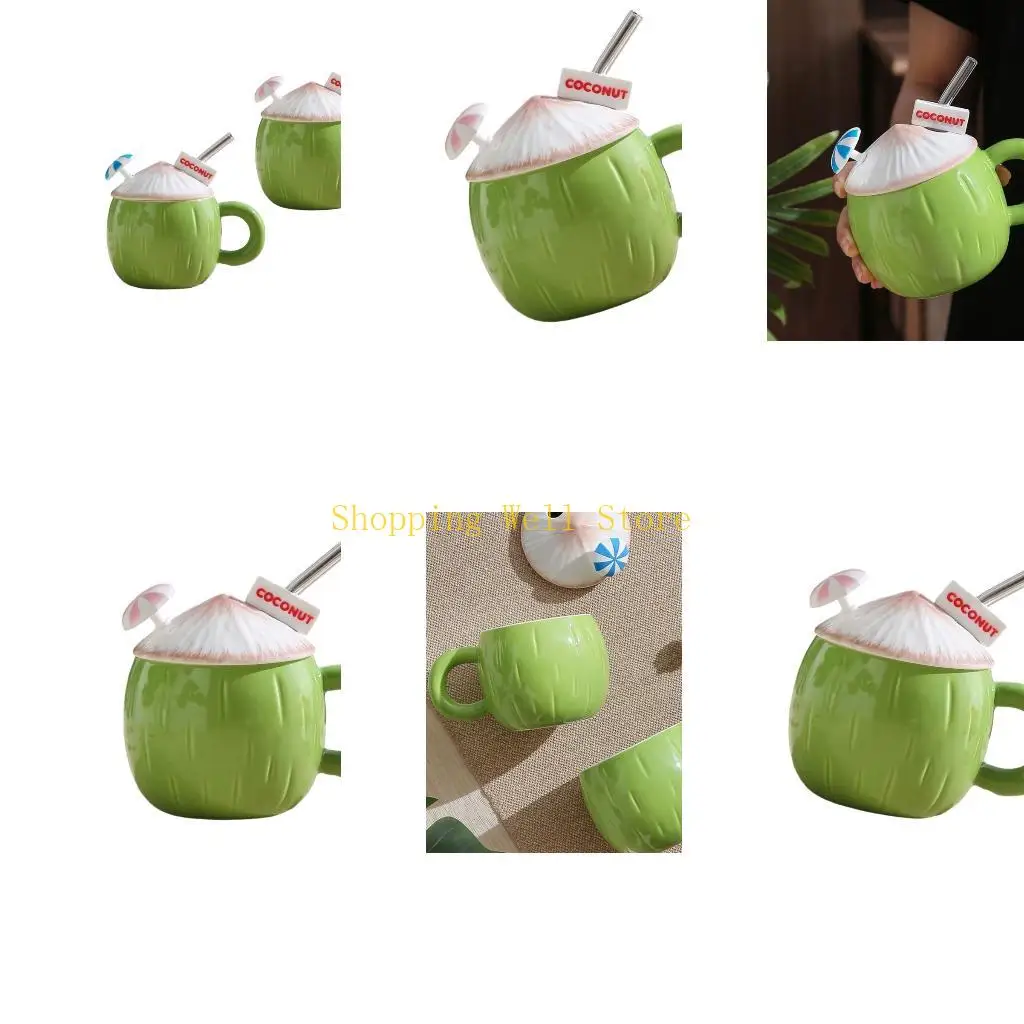 KX4B Coconuts Ceramic Mug With Lid and Straw for Coffee Tea Hot Cold Drink