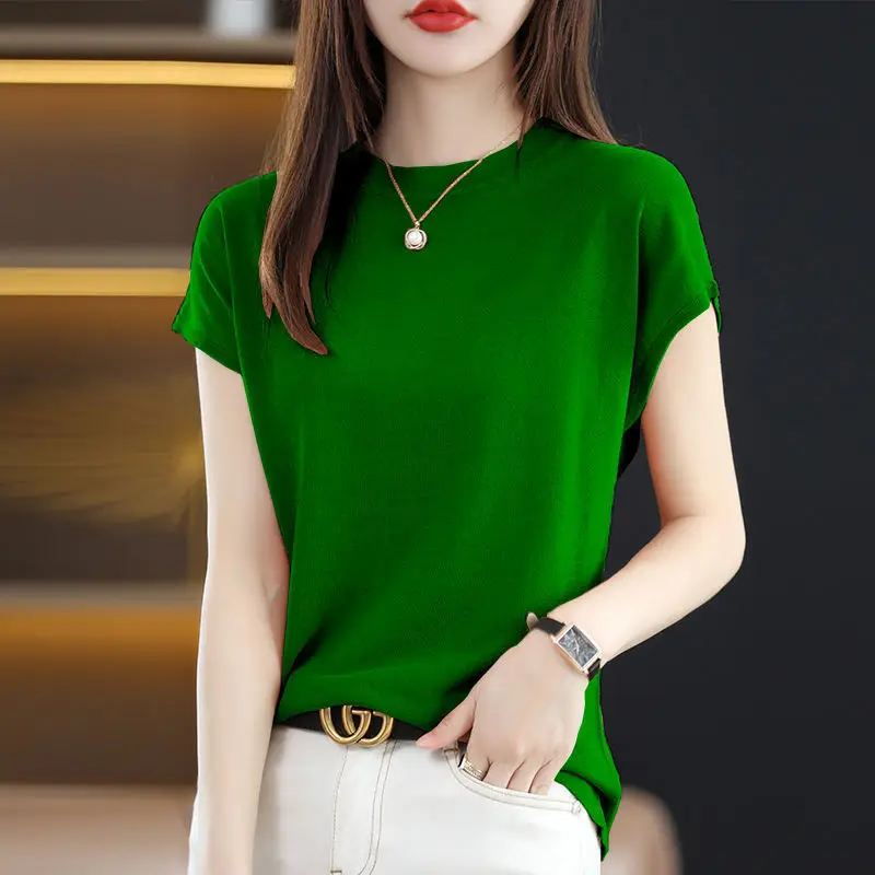 Fashion Solid Color Knitted Loose Korean T-Shirt Women\'s Clothing 2023 Spring New Casual Pullovers All-match Tee Shirt