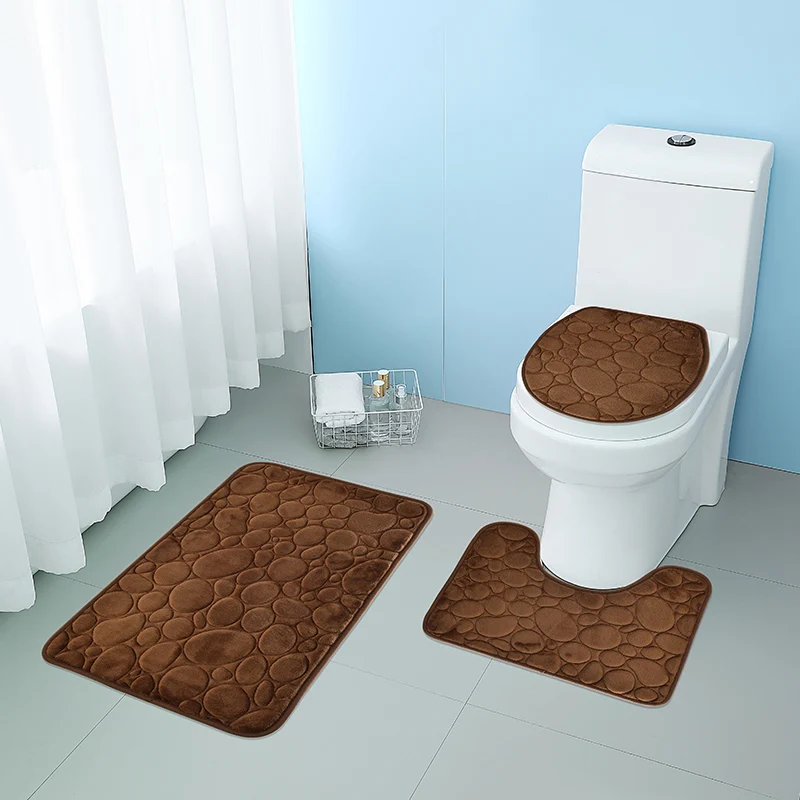 1 Set of Solid Color Simple Bathroom Water-absorbing and Non-slip Floor Mat Stone Pattern, Comfortable and Soft, Three-piece Set