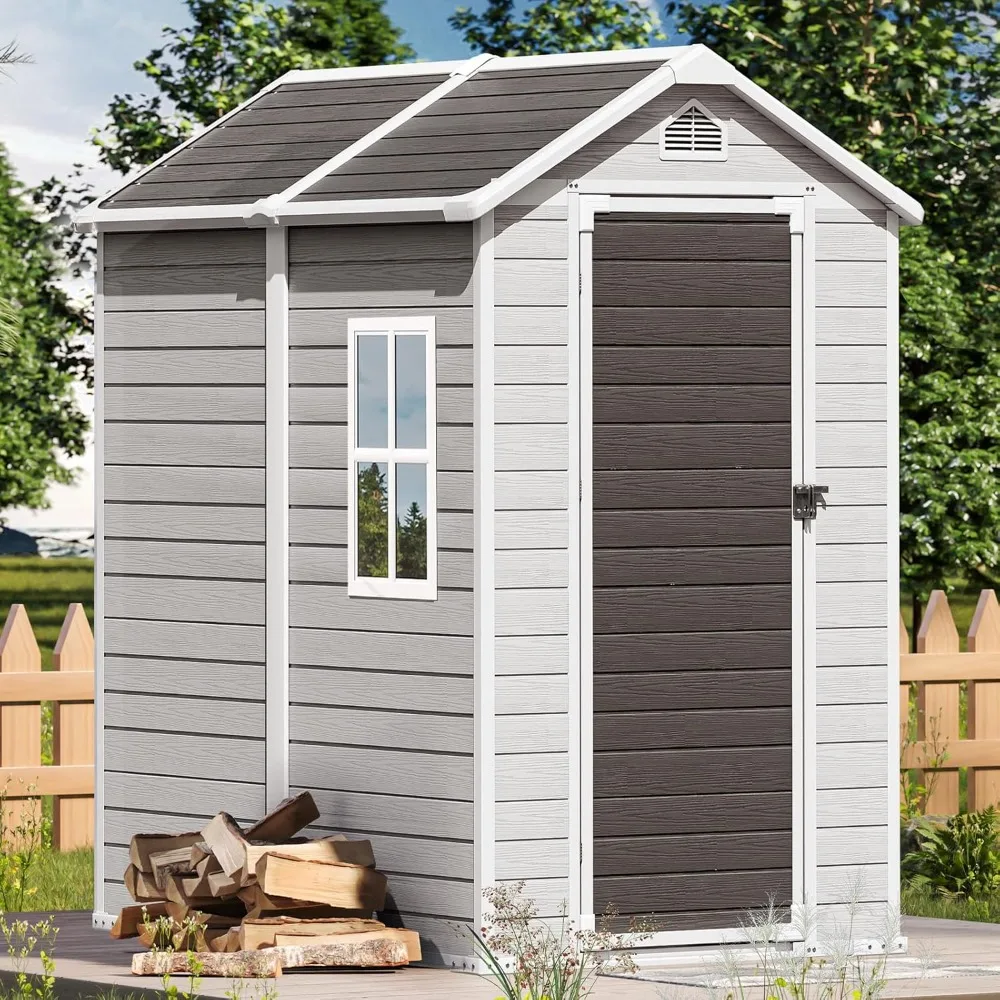 Storage Shed, 6X4 FT Resin Outdoor Storage Shed with Floor & Lockable Doors, All Weather Plastic Lean to Shed with Window