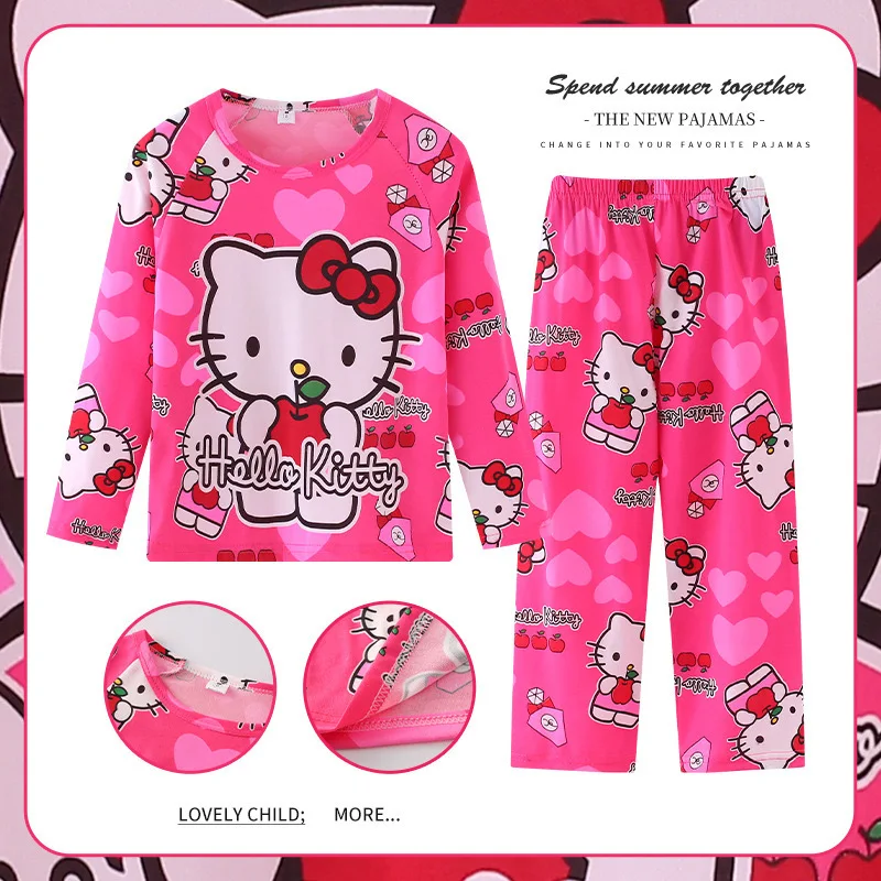 Sanrio Children's Pajamas, Pajamas, Home Clothes, Cotton Loose Thin Long-Sleeved Round Neck Pajamas Set Cartoon Hello Kitty Gift