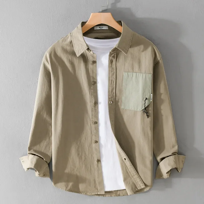 Men's Color Block Pocket Shirt Lapel Long Sleeve Solid Color Loose Casual Blouse