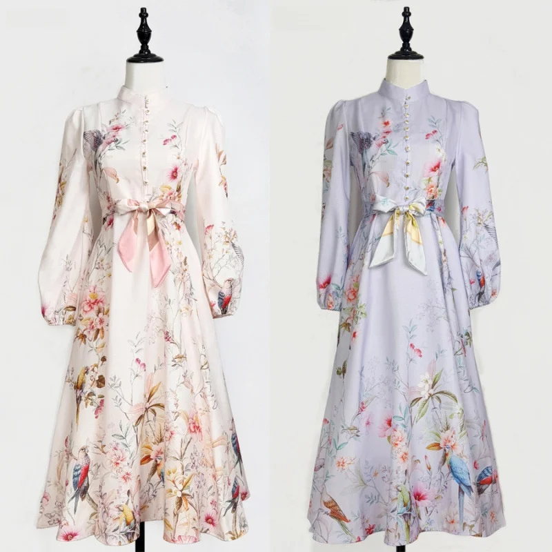 Ele Flird imprimé Midi Dr col montant lanterne Sve rose printemps été nouveauté australien Sle femmes Dr