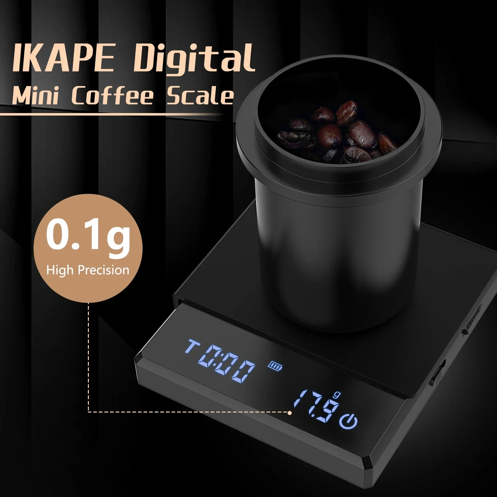 IKAPE Digital Mini Coffee Scale with Timer, 2kg/0.1g High Precision Rechargeable Drip Espresso Scale with Tare Function, LED