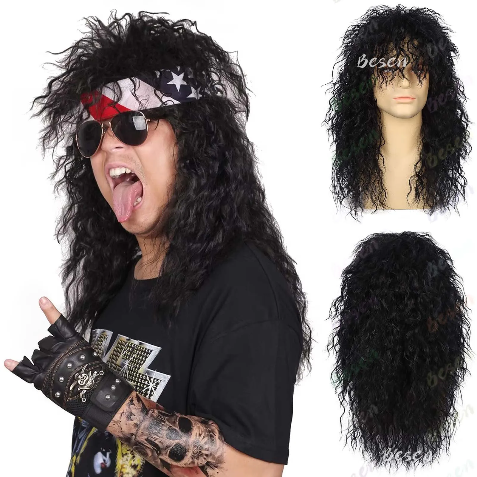 

Синтетический мужской парик 80-х годов, длинные парики кефали, костюм на Хэллоуин, мужской парик, панк, хэви-метал, рокер, парик для повседневной вечеринки, одежда для косплея