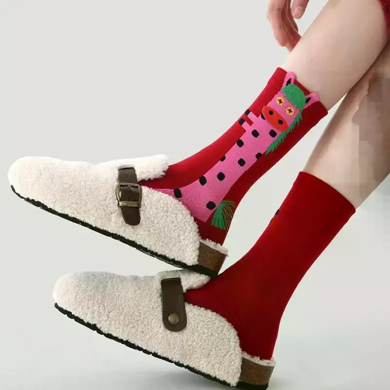 

Cartoon Fun Pony Red Socks Year Of The Horse Cotton Socks Blessing Combination Mid Length Socks Women Men Cotton Socks