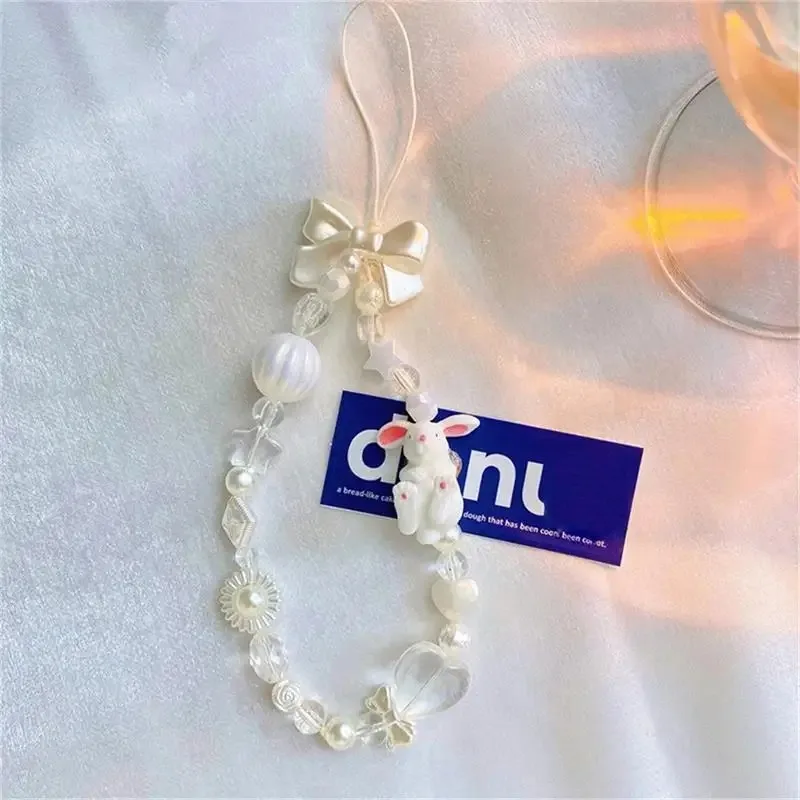 Rantai Ponsel Tali Ponsel Stroberi Merah Muda Manis dan Lucu untuk Wanita Rantai Mutiara Liontin Ponsel Kunci Jimat Perhiasan Lanyard Antihilang