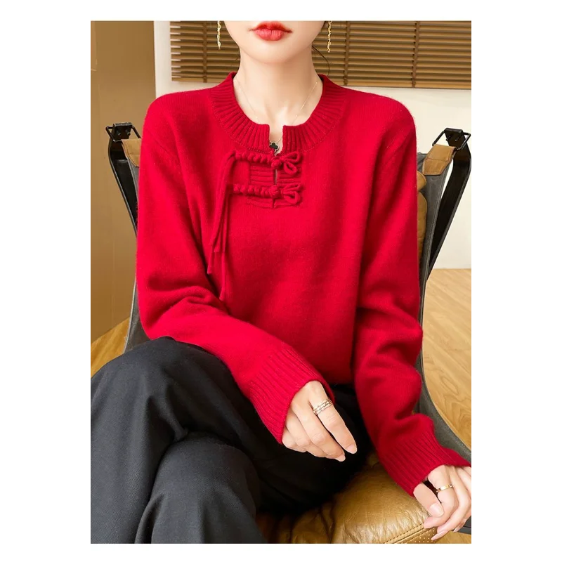 New Autumn Winter Encore Red Fashionable Buckle Sweater Mother Dress Chinese Knitted Base Shirt for Women