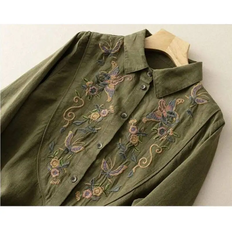 

Women S Vintage Embroidery Cotton Linen Shirt Autumn Lapel Long Sleeve Irregular Blouse Casual Loose Chic Tops Blusas Para Mujer