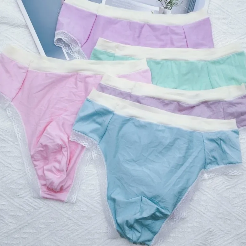 Man's Low Rise Modal Thong Briefs Cross-dressing Lace Trim Half Hip Coverage Convex Pouch Panties Sissy Soft Breathable Lingerie