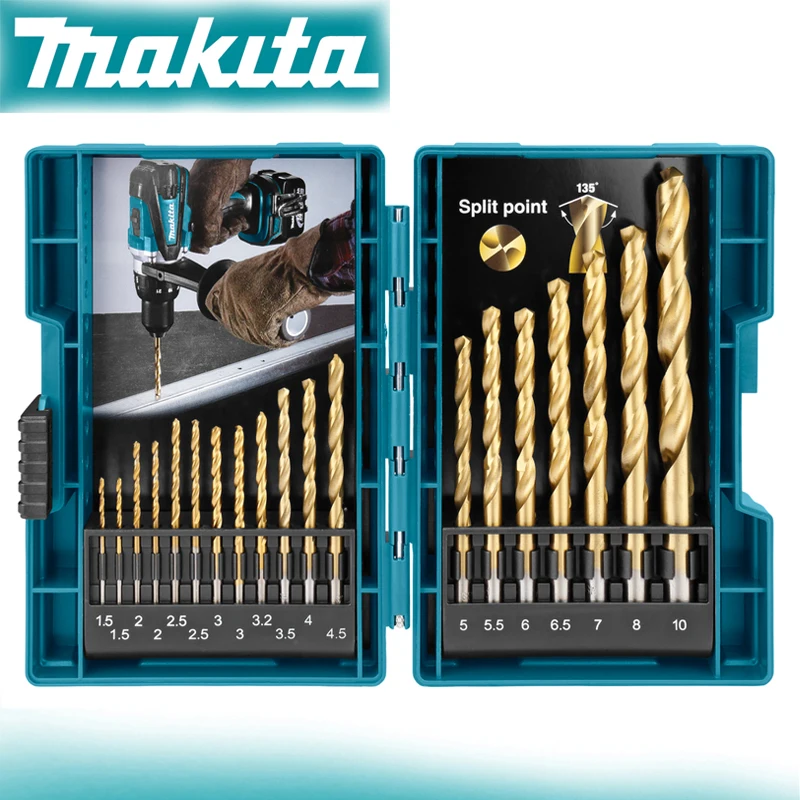 Makita D-67527 HSS plechovka kov kroutit vrtačka štípnutí sada 19pcs titanium-nitride povlak dřevoobráběcí kov pracující elektrický vrtačka bitech