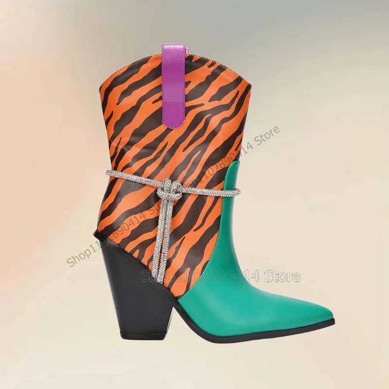 

Brown Zebra Print Green Pointed Toe Crystal Knot Boots Slip On Women Shoes Chunky High Heels Fashion 2023 Zapatos Para Mujere