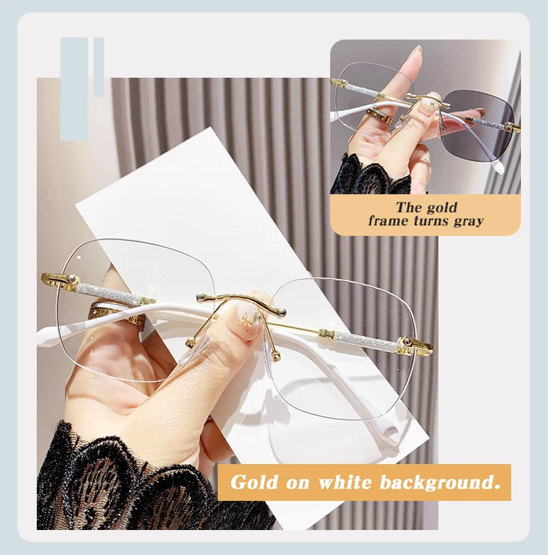 Kacamata Hitam Fotokromik Tanpa Bingkai Persegi Besar Lensa Transisi Trendi untuk Wanita Pria Uniseks Aksesori Fashion