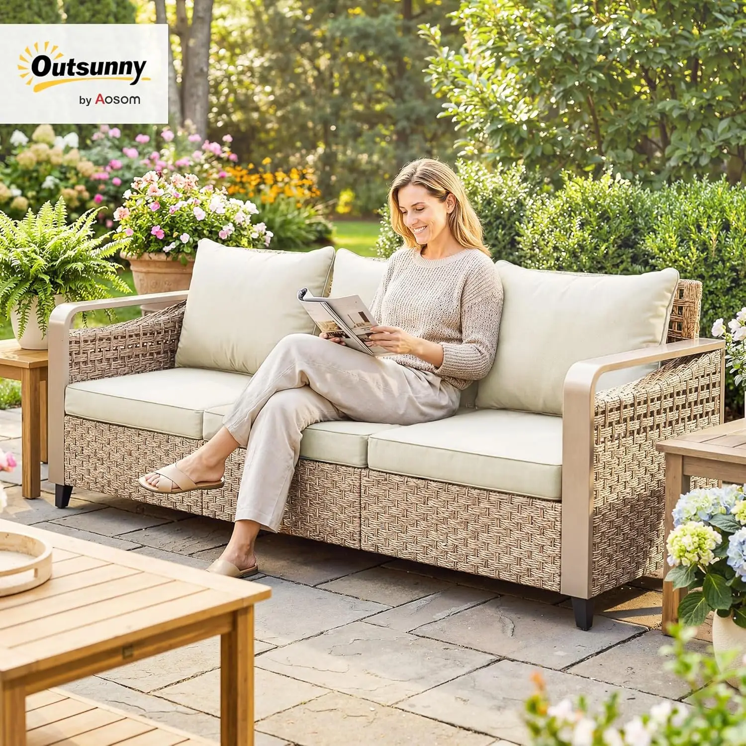 #Outdoor Patio Couch with Wide and Deep Seat, 3 Seater Wicker Outdoor Sofa with Wide Metal Armrests, Patio Furniture, Customized