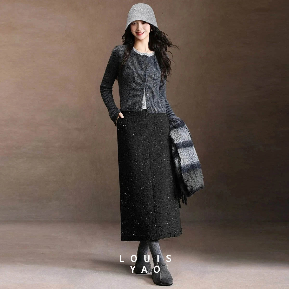 LOUISYAO Fashion High Waist A Line Skirt 2025 Winter Women Sweet Sparkle Ruched Side Slit Versatile Long Skirt