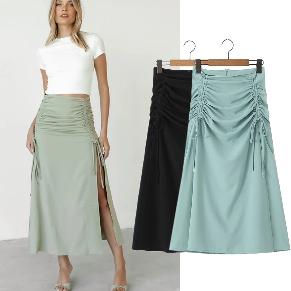 Maxdutti Ins Blogger French Skirt For Women's Pleated Fashion High Waist Sexy Slit Skirt Women