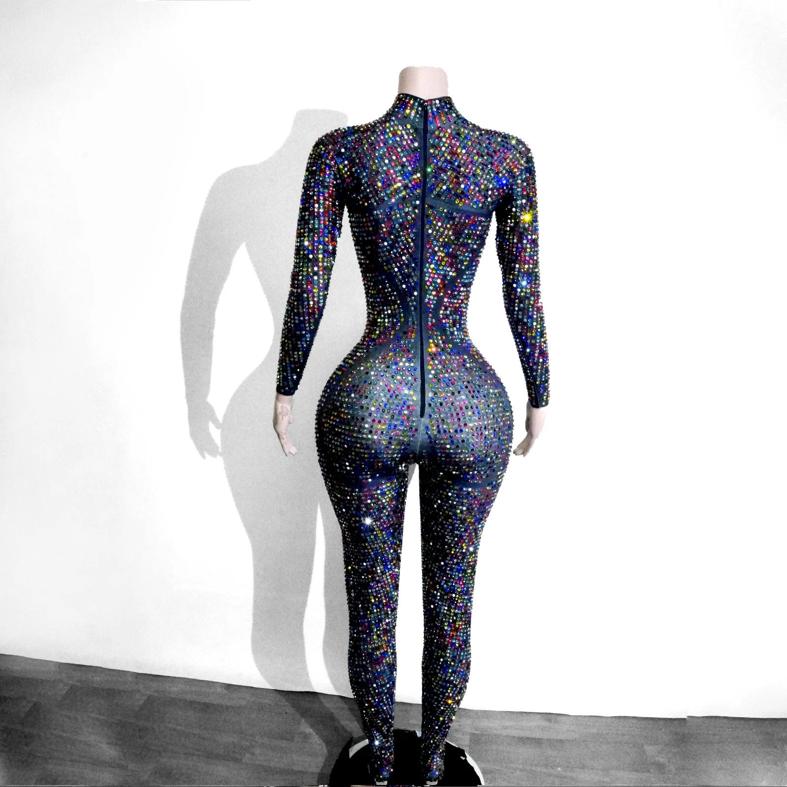 Błyszczące Kryształki Seksowne Obcisłe Kombinezony z Długim Rękawem Kostium Sceniczny dla Piosenkarki na Imprezę do Klubu Nocnego Występ Taneczny Drag Queen