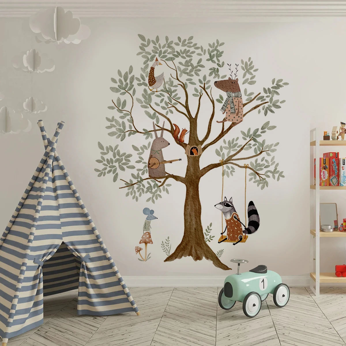 

Large Tree Woodland Animal Whimsical Watercolor Wall Sticker Nursery Child Room Art Vinyl Decal Kids Room Bedroom Living Decor