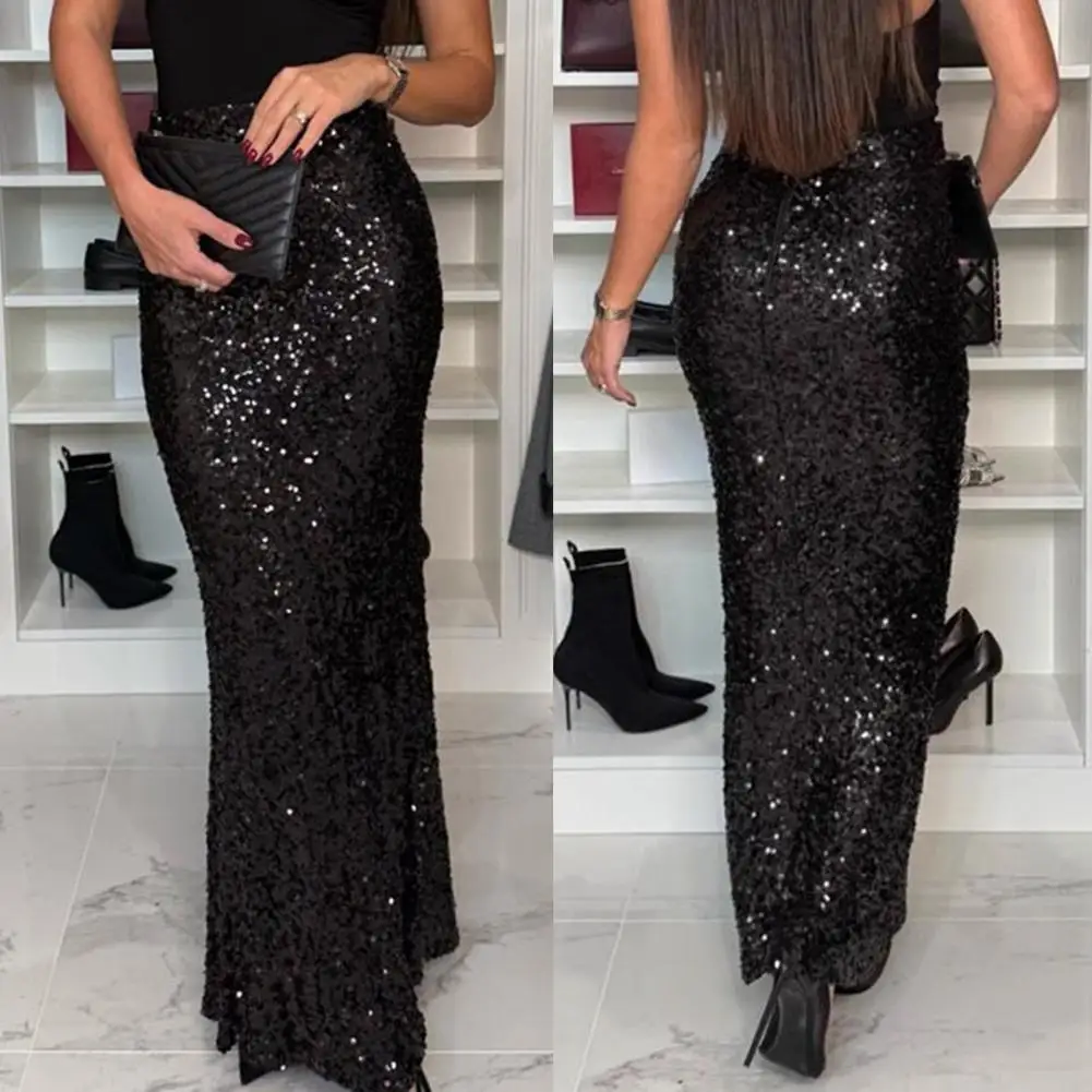 Leg-lengthening Skirt Elegant High Waist Maxi Skirt with Shiny Sequin Detail for Home Street Commuting Solid for Leg-lengthening