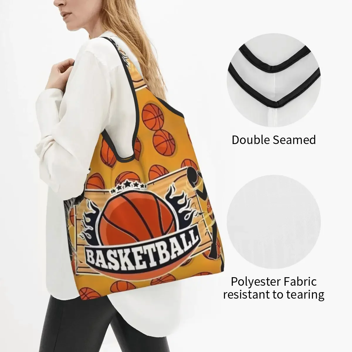 Kawaii Basketball Shopping Tote Bags Portable Dots Round Physical culture Groceries Shoulder Shopper Bag