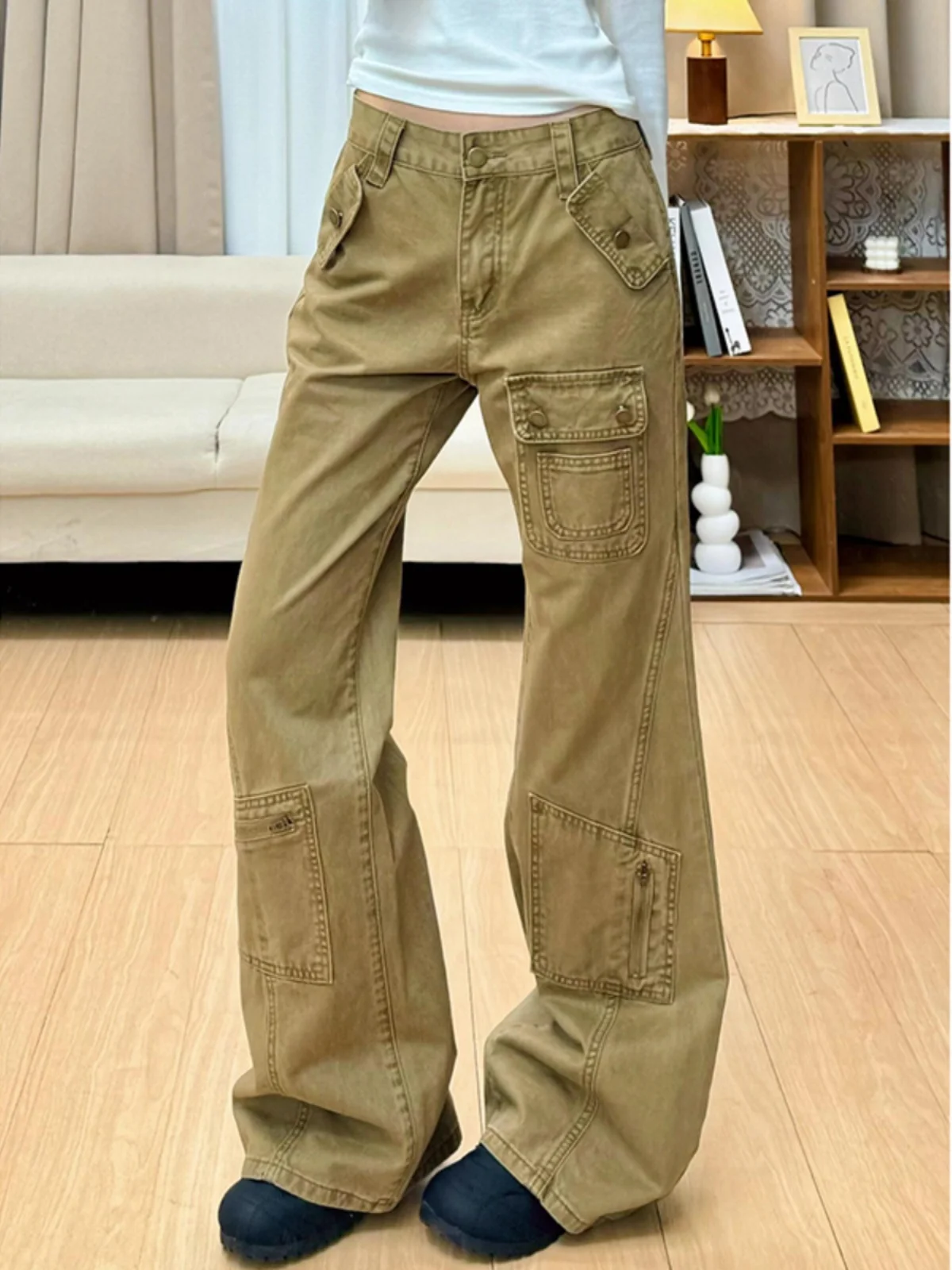 

Retro Tall plus Size Multi Pocket Work Pants Women's Spring Autumn Low Waist Slimming Casual Flared Jeans Deep Blue Denim