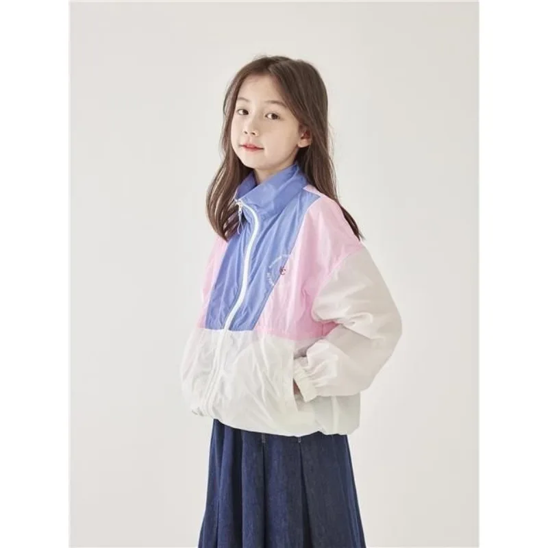 

Children's Color blocked Lightweight Windproof Jacket Summer New Style for Girls Outdoor Sunscreen Loose Sports Zipper Coat