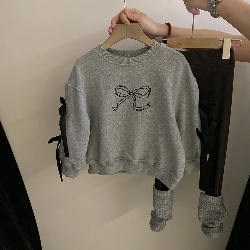 Hoodies Korean Childrens Clothing Autumn New Girl Fashion Bow Sweater Versatile Color Blocking Leggings Causal Simple 2024