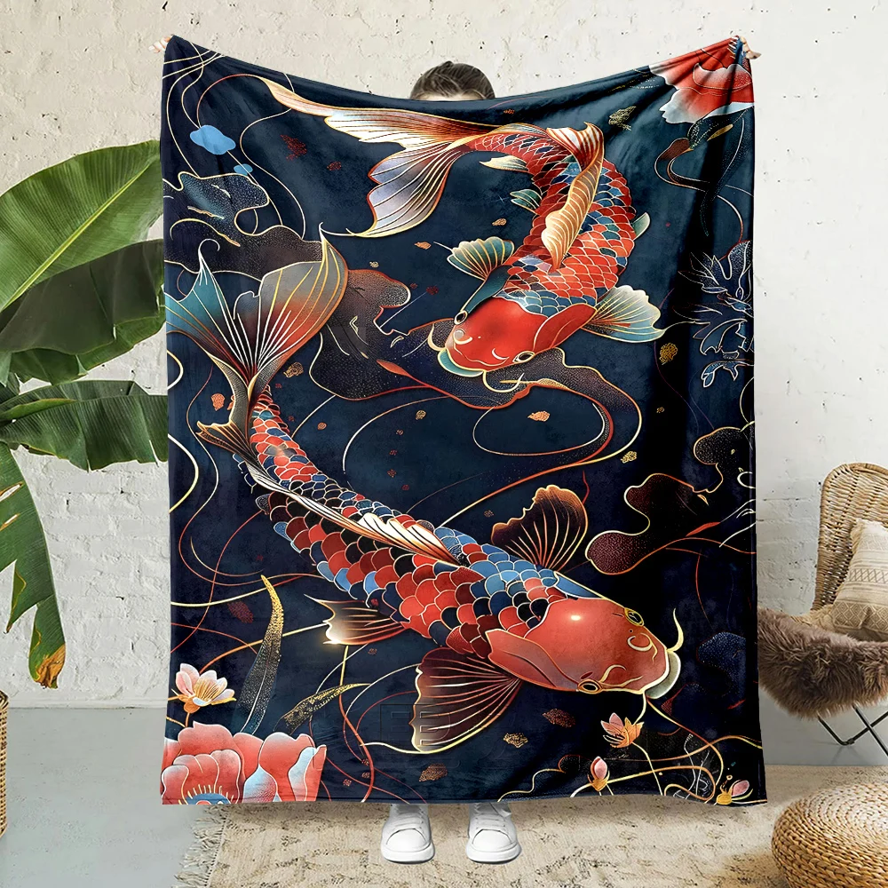 Twin koi swimming floral motifs golden lines Print Blanket Warm Soft Fluffy Kids Adult Sofa Bed Throw Outdoor Travel Camping RV