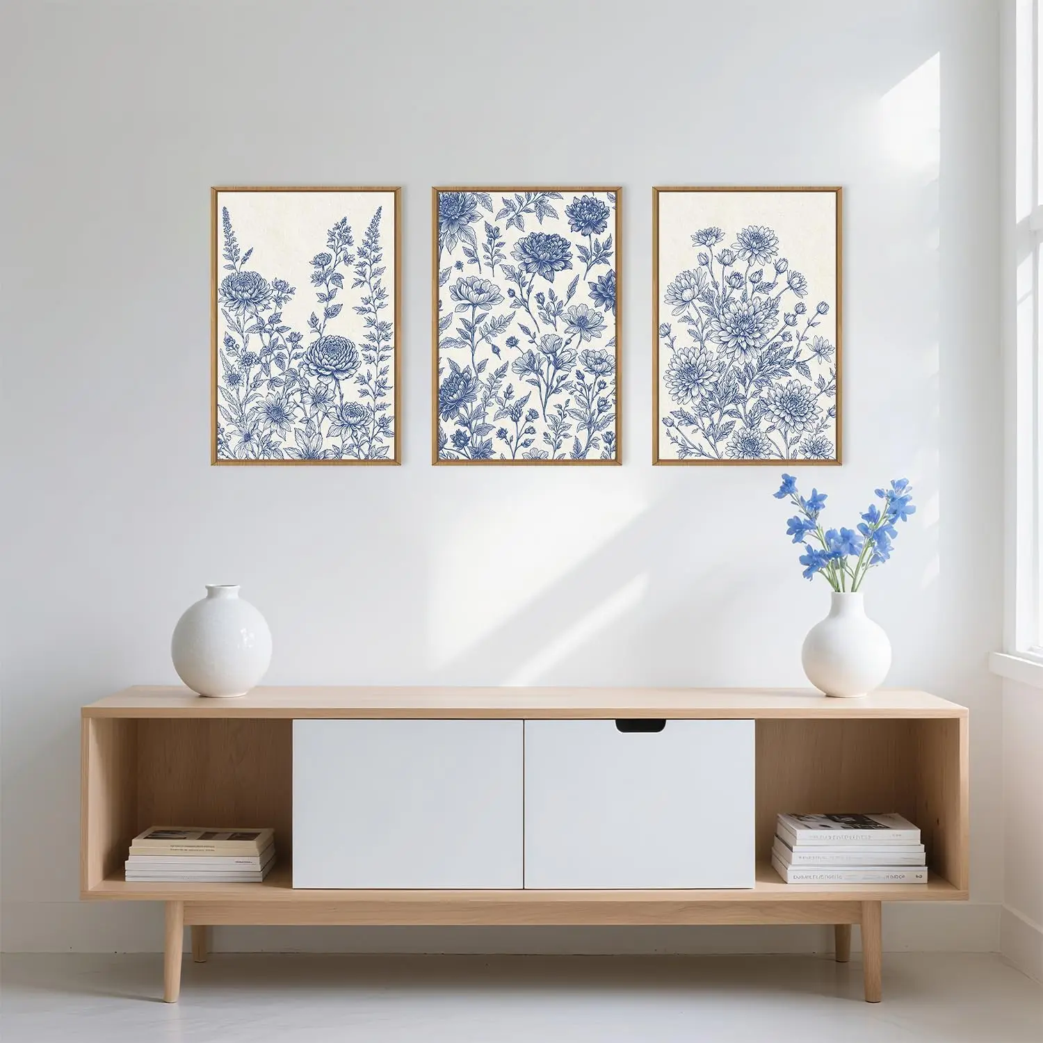 3pcs/Set Blue White Floral Canvas Poster Picture Wall Art Minimalist Wildflower Print Modern Living Room Home Decoration Print