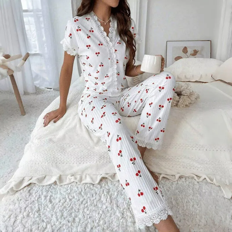 

Пижама Mujer 2 Piezas: Top de Manga Corta + Pantalones Largos con Encaje y Estampado de Cereza Ropa de Dormir y Hogar Cómoda,