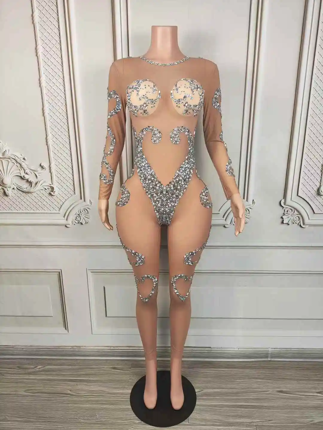 Sparkly Rhinestones ดูผ่านตาข่าย Jumpsuit ผู้หญิงเซ็กซี่ชุดราตรีชุดวันเกิดประสิทธิภาพถ่ายภาพเครื่องแต่งกายสวมใส่