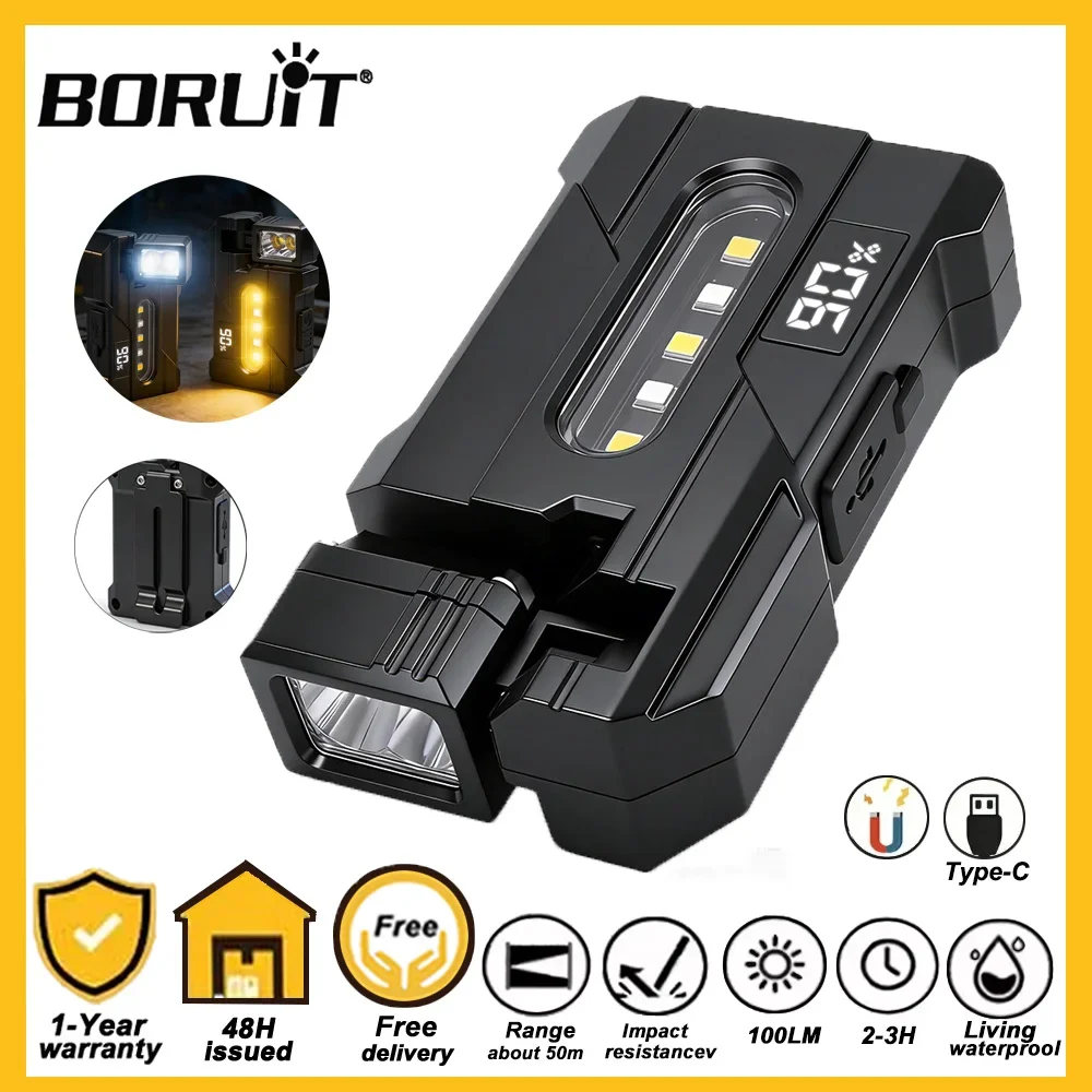 BORUiT XPE Super Bright Mini Flashlight Dual Light Rechargeable Adjustable Head with Magne t& Clip Work Light for Camping Hiking