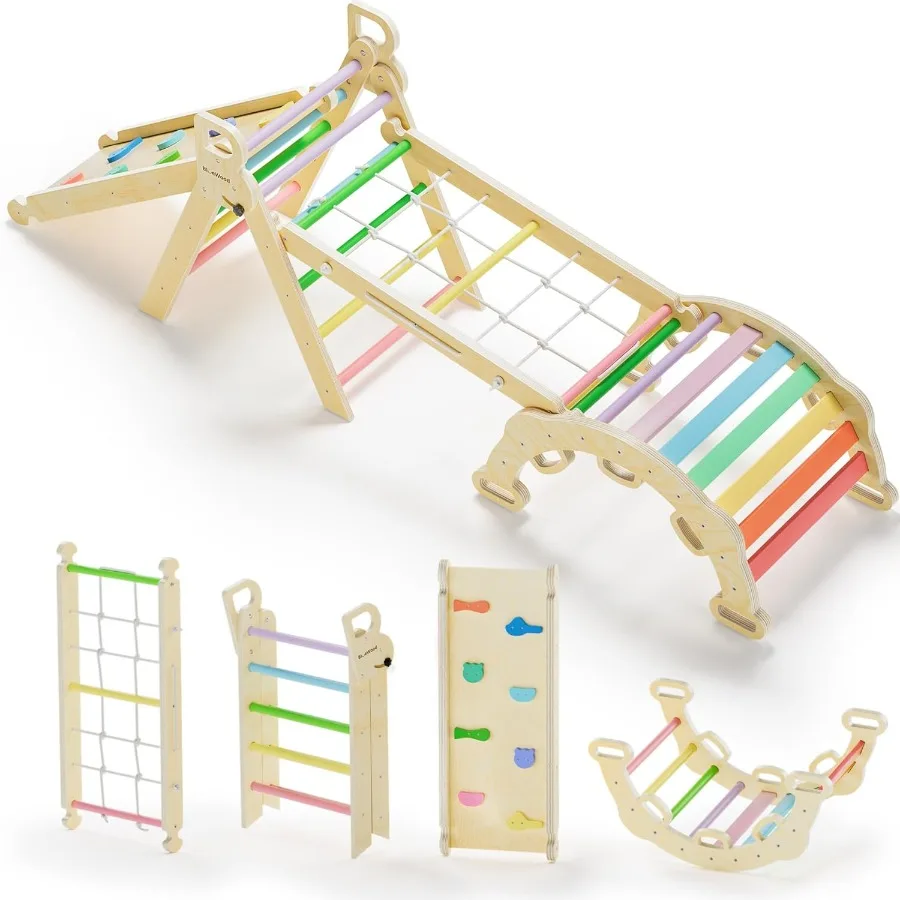 

8-in-1 Pikler Triangle Climbing Set Toddler Toys Indoor Baby Jungle Gym Climber Playground for Kids - Rainbow